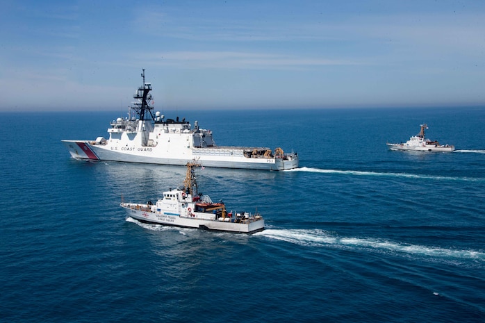 210502-G-G0108-1510 BLACK SEA (May 2, 2021) USCGC Hamilton (WMSL 753) and Georgian coast guard vessels Ochamchire (P-23) and Dioskuria (P-25) conduct underway maneuvers in the Black Sea, May 2, 2021. Hamilton is on a routine deployment in the U.S. Sixth Fleet area of operations in support of U.S. national interests and security in Europe and Africa. (U.S. Coast Guard courtesy photo)
