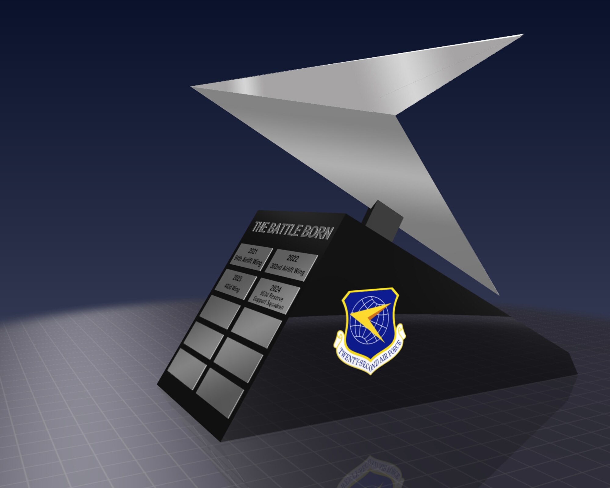 A rendering of the newly announced Battle Born Trophy. Awarded by the Cobb Chamber, the Battle Born Trophy will be presented to a 22nd Air Force that best represents the commander’s priority of “Readiness Now” during the previous year and will be given annually, beginning this July.