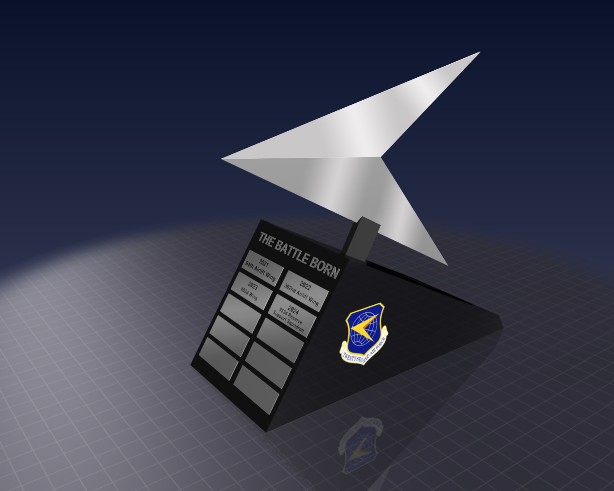 A rendering of the newly announced Battle Born Trophy. Awarded by the Cobb Chamber, the Battle Born Trophy will be presented to a 22nd Air Force that best represents the commander’s priority of “Readiness Now” during the previous year and will be given annually, beginning this July.