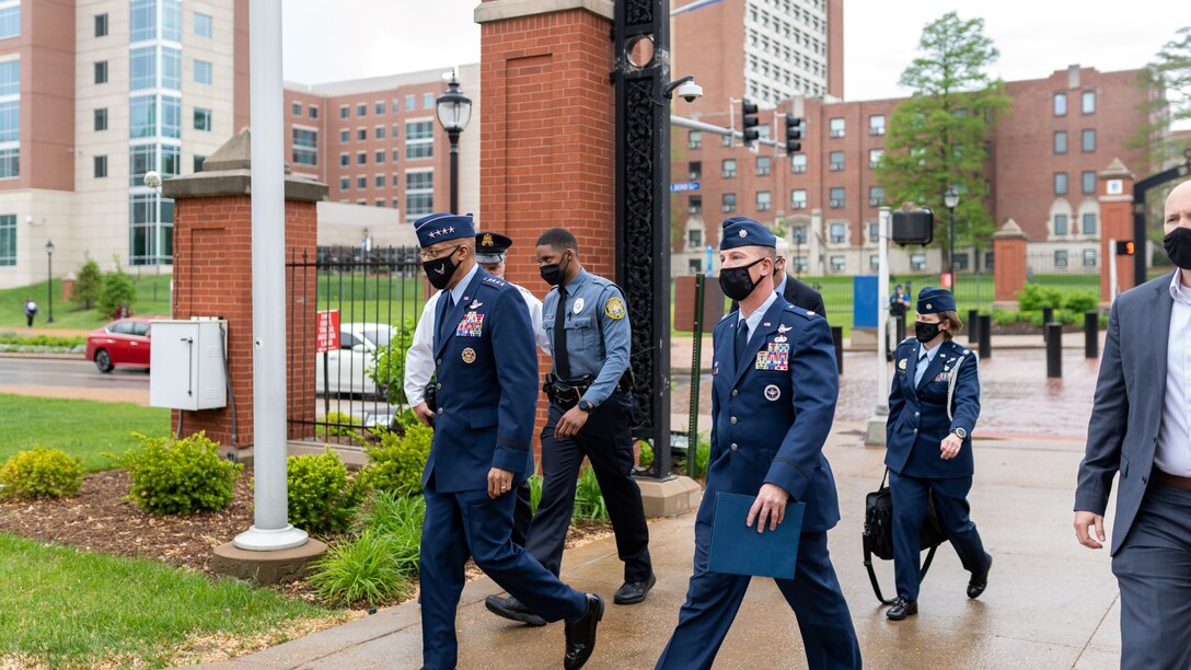 Air Force Chief of Staff Gen. Charles Q. Brown, Jr. arrives at Busch Student Center to speak at a an Air
Force ROTC leadership laboratory at Saint Louis University, St. Louis, Missouri April 28, 2021. AFROTC
Detachment 207 207 at SLU is composed of 85 students from nine schools in the Metro St. Louis area,
representing diverse backgrounds, areas of study and career interests. (U.S. Air Force photo by Cadet
Phillip Casey)