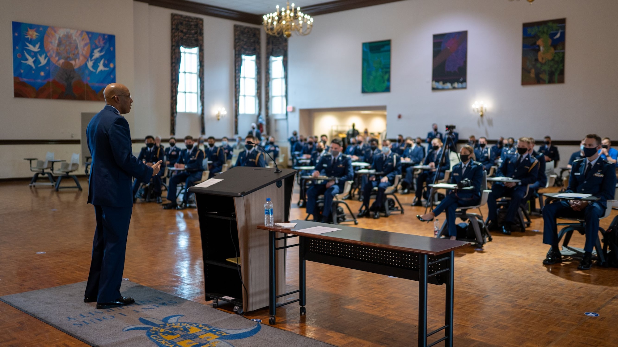 Air Force Chief of Staff Gen. Charles Q. Brown, Jr. speaks to Air Force Reserve Officer Training Corps
Detachment 207 cadets during a leadership laboratory at Saint Louis University, St. Louis, Missouri April
28, 2021. Brown highlighted his perspective on leadership and stressed the need for future leaders who
can adapt to solve complex challenges. (U.S. Air Force photo by Cadet Phillip Casey)