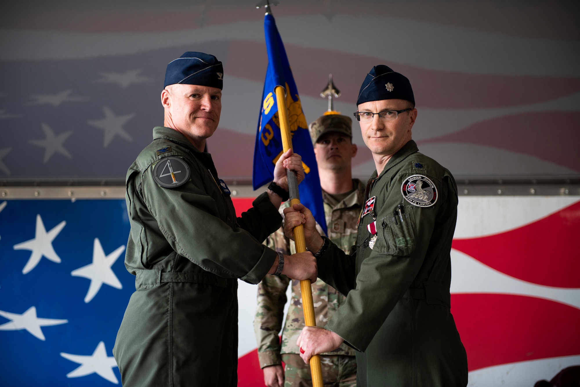 Lt. Col. Jonathan Bott relinquished command of the 333rd Fighter Squadron to Lt. Col. Drew Bures at Seymour Johnson Air Force Base, North Carolina April 30, 2021.