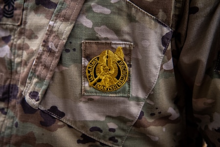 photos of an army badge and group of Soldiers receiving their badge.