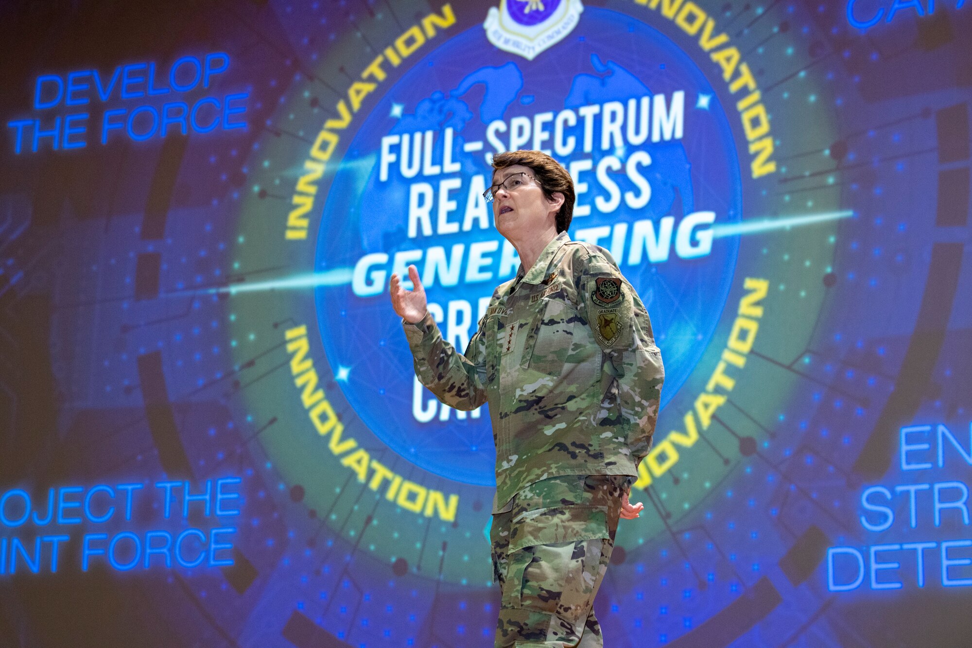 Gen. Jaqueline Van Ovost, the Air Mobility Command (AMC) commander speaks during a commander's call at MacDill Air Force Base, Fla., April 28, 2021.