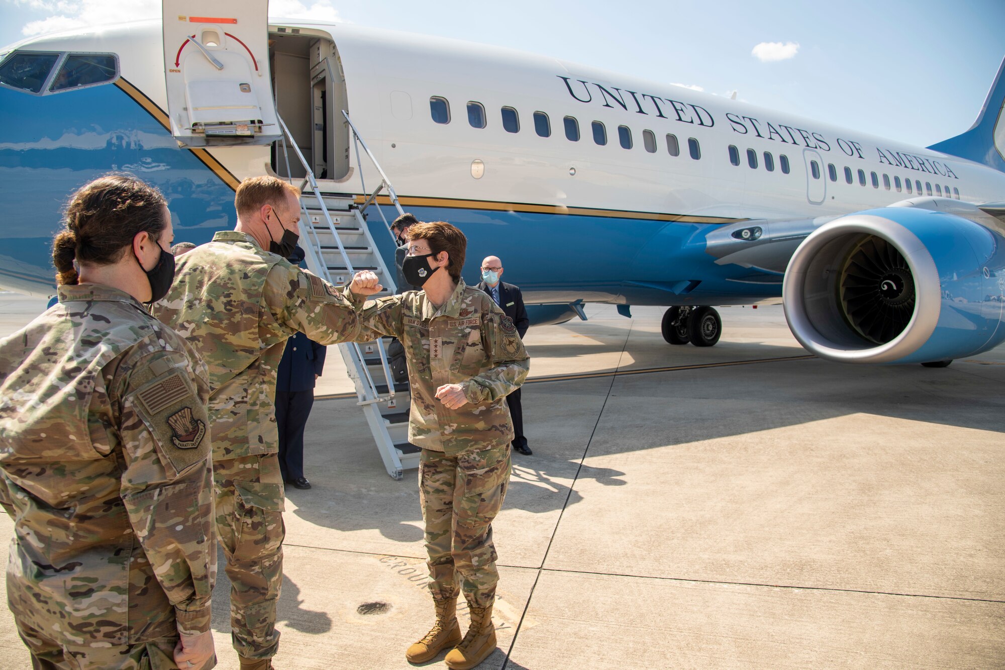 Gen. Jaqueline Van Ovost, the Air Mobility Command (AMC) commander, bids farewell to, Col. Benjamin Jonsson, the 6th Air Refueling Wing (ARW) commander, and Chief Master Sgt. Shae Gee, the 6th ARW command chief, at MacDill Air Force Base, Fla., April 28 2021.