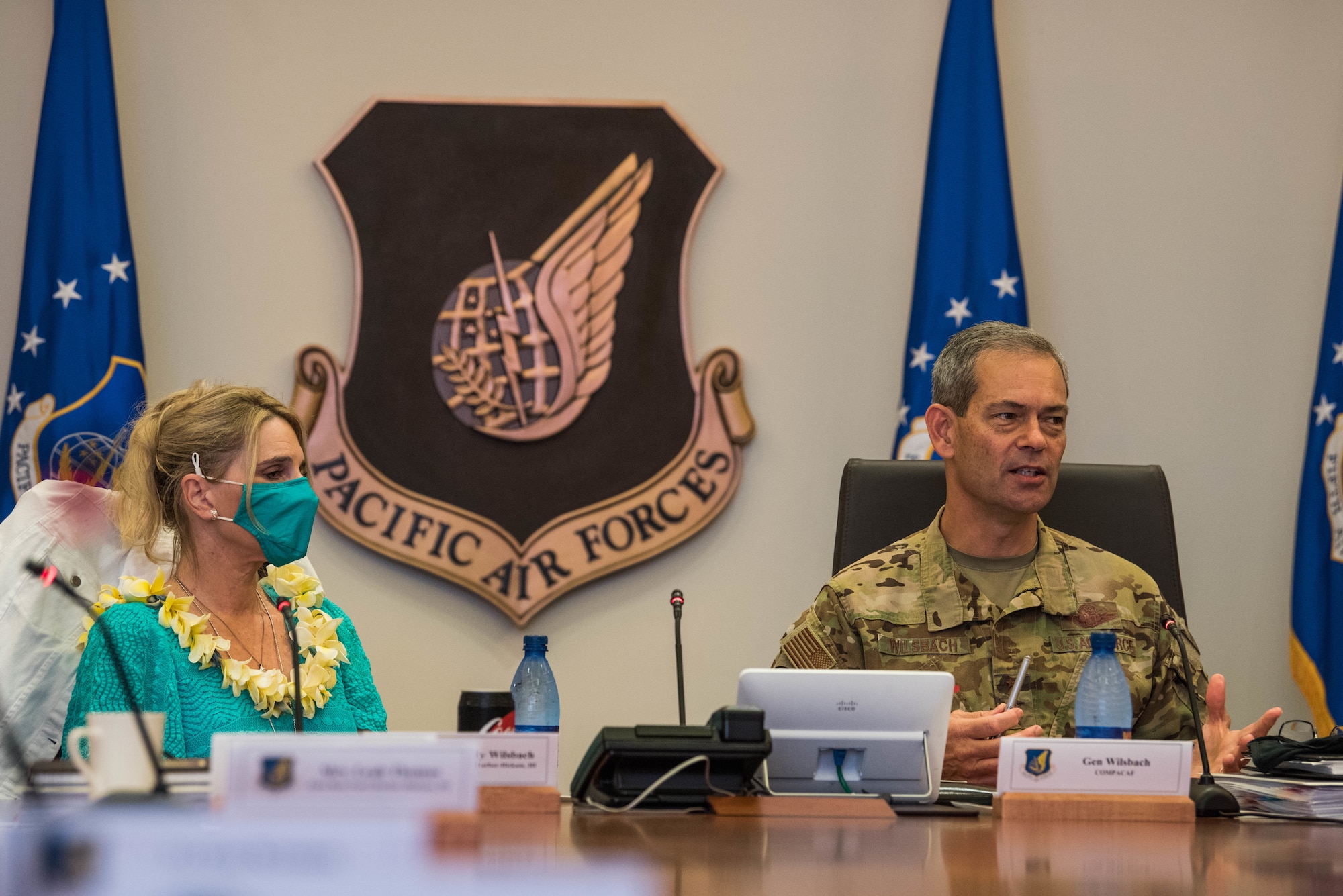 U.S. Air Force Gen. Ken Wilsbach, Pacific Air Forces commander, provides opening remarks during PACAF’s Commander’s Conference at Joint Base Pearl Harbor-Hickam, Hawaii, April 20, 2021. The conference was held from April 20 through 22 where commanders and spouses were able to meet up and exchange dialogue on the Indo-Pacific region, accelerating change, Airmen resilience, the strategic landscape and more. (U.S. Air Force photo by Staff Sgt. Hailey Haux)