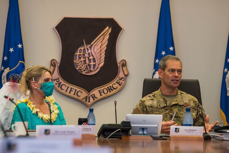 U.S. Air Force Gen. Ken Wilsbach, Pacific Air Forces commander, provides opening remarks during PACAF’s Commander’s Conference at Joint Base Pearl Harbor-Hickam, Hawaii, April 20, 2021. The conference was held from April 20 through 22 where commanders and spouses were able to meet up and exchange dialogue on the Indo-Pacific region, accelerating change, Airmen resilience, the strategic landscape and more. (U.S. Air Force photo by Staff Sgt. Hailey Haux)