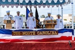 JOINT BASE PEARL HARBOR-HICKAM (April 29, 2021) -- Rear Adm. Blake Converse, from Montoursville, Pennsylvania, salutes Rear Adm. Jeffrey Jablon, from Frostburg, Maryland, during a change of command ceremony for Commander, Submarine Force, U.S. Pacific Fleet, held on the brow of the Virginia-class fast-attack submarine USS North Carolina (SSN 777). Jablon relieved Converse as the 43rd commander, Submarine Force, U.S. Pacific Fleet, at the ceremony held on the historic submarine piers on Joint Base Pearl Harbor-Hickam. (U.S. Navy photo by MC1 Michael B. Zingaro/Released)