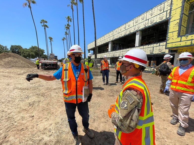 Maj. Gen. Jeffrey Milhorn, deputy commanding general for military and international operations for the U.S. Army Corps of Engineers, right, received a brief about the Corps and its contractors work during an April 27 tour of the U.S. Department of Veterans Affairs VA Long Beach Healthcare System medical complex.