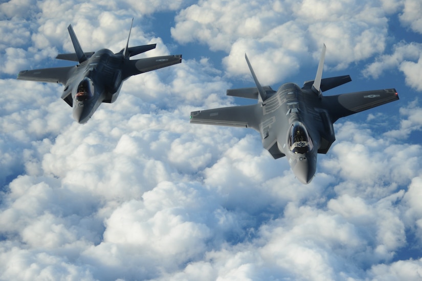 Two Israeli F-35 “Adirs” fly in formation and display the U.S. and Israeli flags after receiving fuel from a Tennessee Air National Guard KC-135, Dec, 6, 2016. The U.S. Army Corps of Engineers and Israeli partners recently celebrated the delivery of additional hardened hangars and associated facilities that support the Israeli Air Force’s fleet of F-35 fighter jets. The United States has partnered with Israel for several years on its F-35 program through the Foreign Military Finance, or FMF, program where the two nations partner on construction of strategic facilities. (U.S. Air Force photo by 1st Lt. Erik D. Anthony)