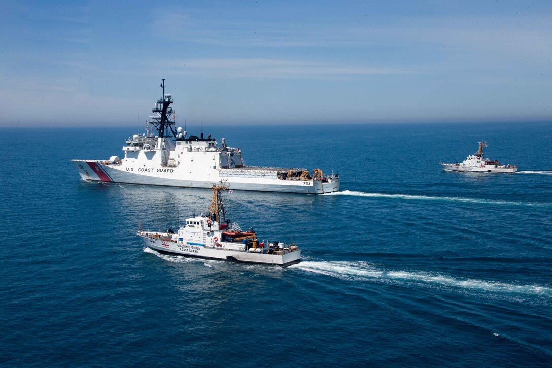 210502-G-G0108-1510 BLACK SEA (May 2, 2021) USCGC Hamilton (WMSL 753) and Georgian coast guard vessels Ochamchire (P-23) and Dioskuria (P-25) conduct underway maneuvers in the Black Sea, May 2, 2021. Hamilton is on a routine deployment in the U.S. Sixth Fleet area of operations in support of U.S. national interests and security in Europe and Africa. (U.S. Coast Guard courtesy photo)