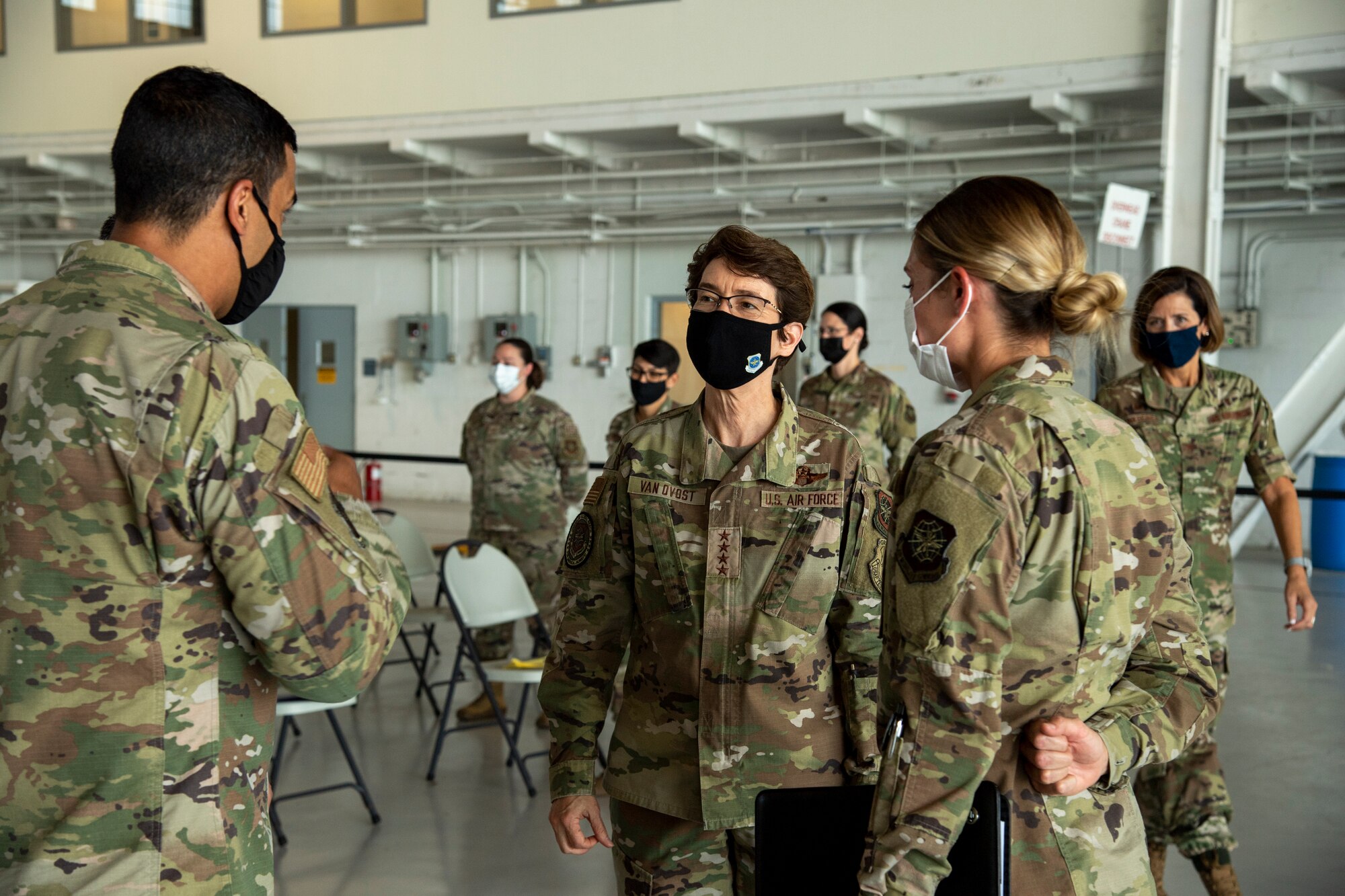 Gen. Jaqueline Van Ovost, the Air Mobility Command commander, speaks to 6th Medical Group Airmen during her visit to MacDill Air Force Base, Fla., April 28, 2021.