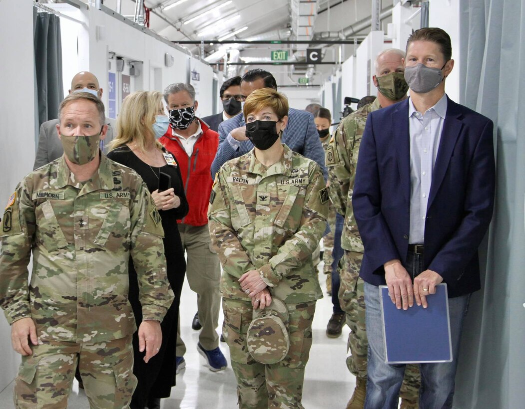 Maj. Gen. Jeffrey Milhorn, U.S. Army Corps of Engineers deputy commanding general for Military and International Operations, left, got a close-up look April 28 at the finished additions to two hospitals in the Los Angeles District area of operations -- Adventist Health White Memorial Medical Center in Boyle Heights and Mission Community Hospital in Panorama City. He is accompanied by Col. Julie Balten, commander of the LA District, and David Van Dorpe, deputy district engineer with the LA District, right.