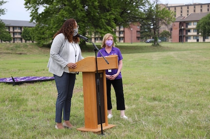 (Left) Ms. Maya Cadogan, LEARN DC governing board chair, and Dr. Jill Gaitens, LEARN DC executive director, provide comments during the LEARN ground breaking ceremony at  Joint Base Anacostia-Bolling, Washington D.C., April 29, 2021. LEARN D.C. is a new public charter school located on JBAB and open to all D.C. children in Fall 2021.