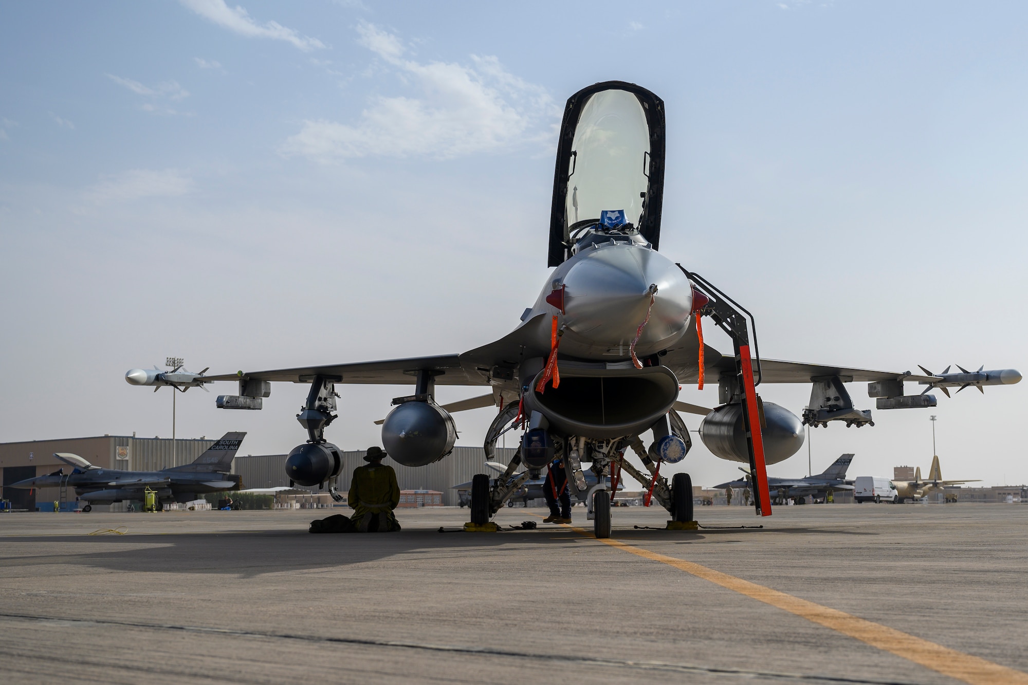 A U.S. Air Force F-16CJ Fighting Falcon from South Carolina Air National Guard’s 169th “Swamp Fox” Fighter Wing sits on the flightline at Prince Sultan Air Base, Kingdom of Saudi Arabia, April 14, 2021. The Swamp Fox team has been deployed to PSAB to help bolster the defensive capabilities against potential threats in the region. (U.S. Air Force Photo by Senior Airman Samuel Earick)