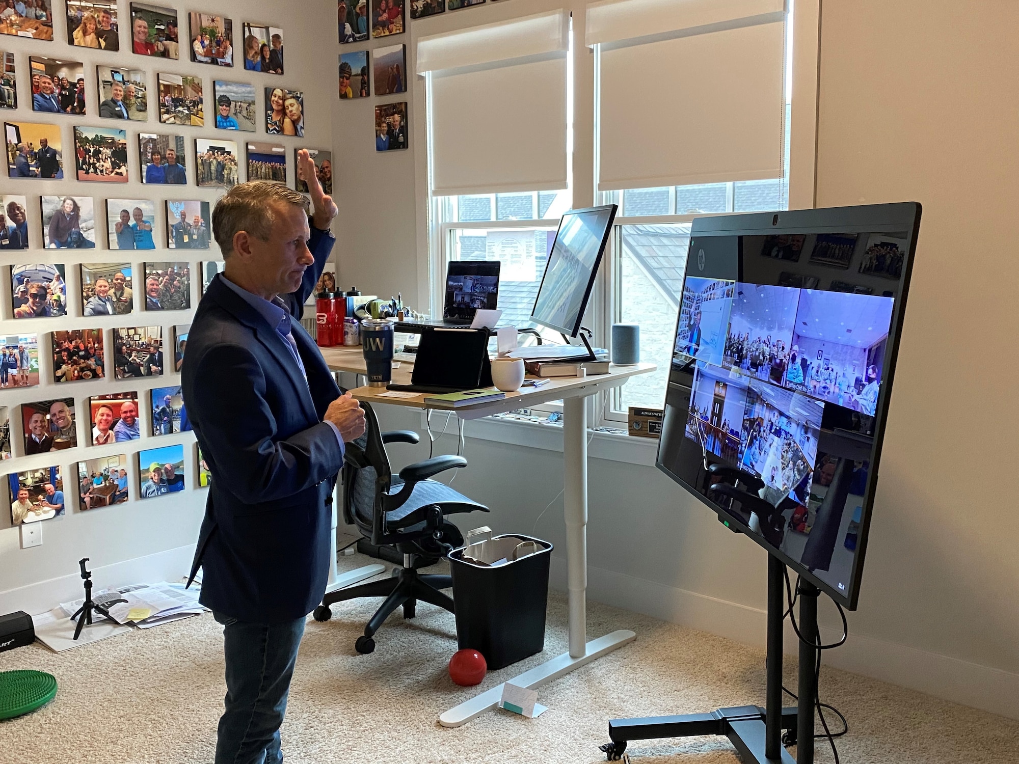 Jason Womack, Air University leadership studies instructor, directs a leadership reflection session virtually with 100th Air Refueling Wing leaders near Maxwell Air Force Base, Alabama, April 30, 2021. Womack spent four hours with the 100th ARW leadership to help them clarify their internal mission and vision as leaders. (Courtesy Photo)