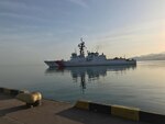 The Legend-class national security cutter USCGC Hamilton (WMSL 753) pulls into Batumi, Georgia after completing interoperability exercises and drills with the Georgian Coast Guard, May 4, 2021.