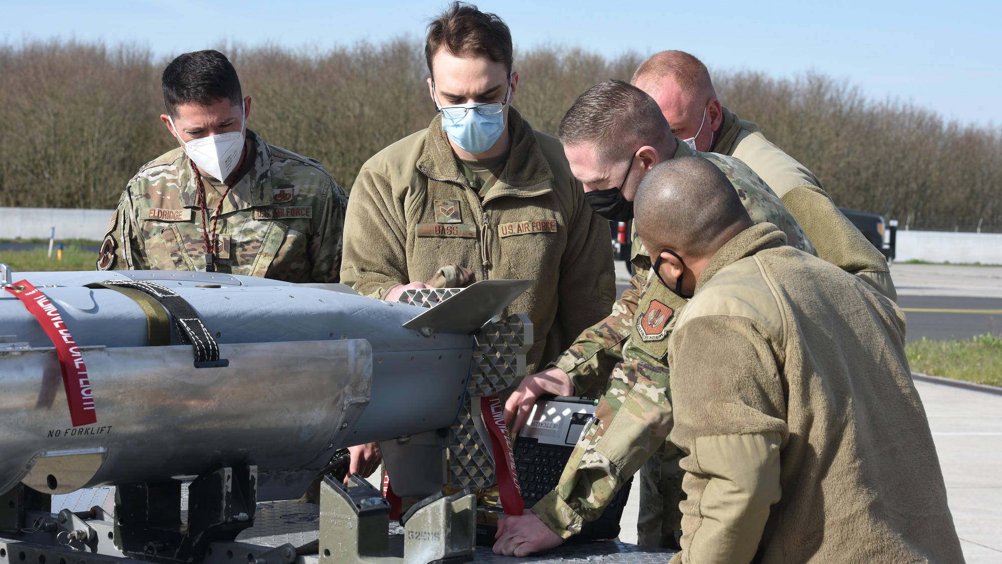 Airmen from the 52nd Fighter Wing perform a pre-load inspection on ADM-160C Miniature Air Launched Decoy missiles during an exercise at Spangdahlem Air Base, Germany, April 27, 2021. The design of the exercise was to further the proficiency of the Airmen executing the wing’s Suppression of Enemy Air Defense mission. (U.S. Air Force photo by Tech. Sgt. Tony Plyler)