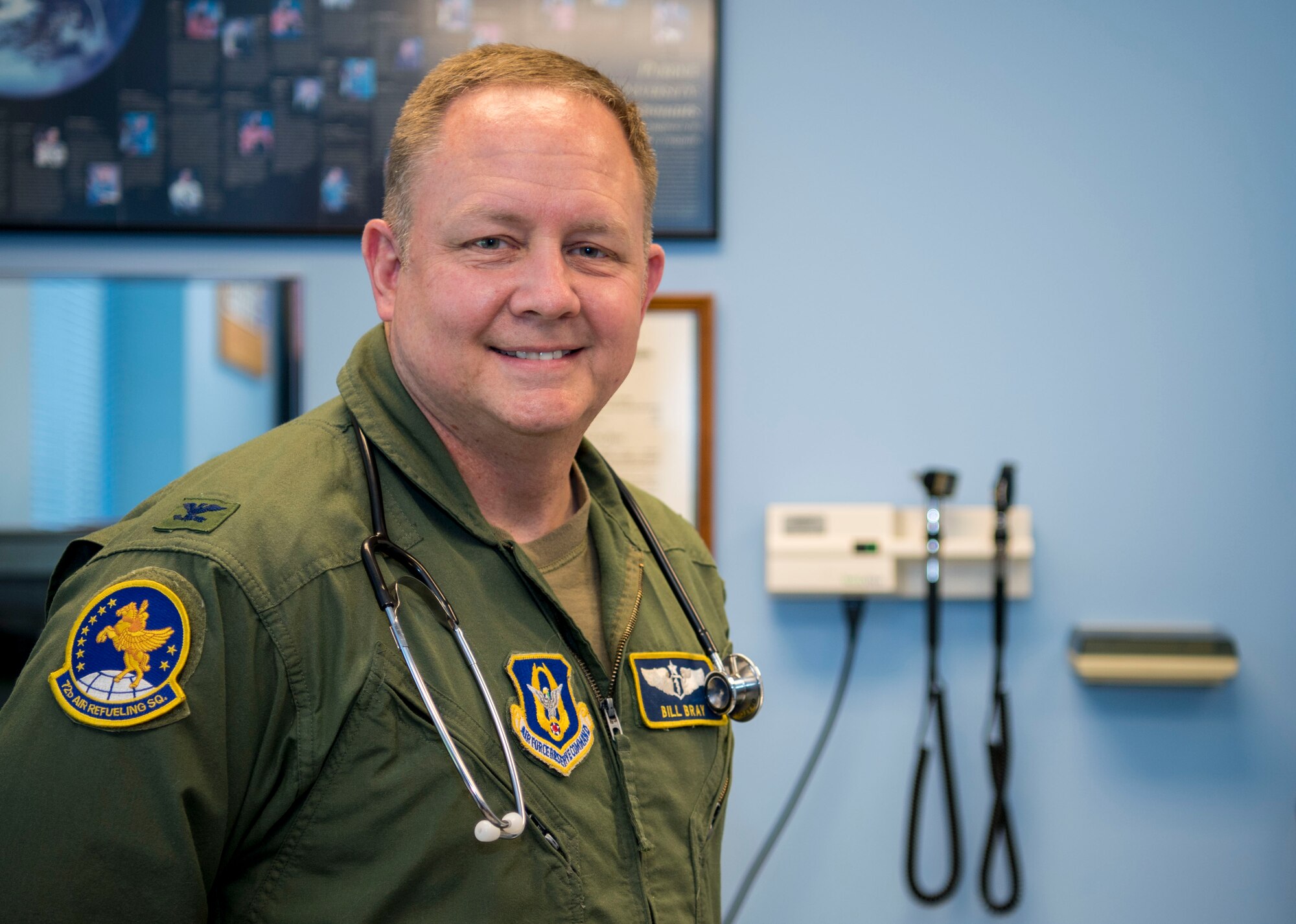 Col. (Dr.) William Bray, 434th Aerospace Medicine Squadron flight surgeon, poses for a photo in his office, May 1, 2021, at Grissom Air Reserve Base, Indiana. Last year, Bray joined the Grissom team as the base’s first full-time doctor. (U.S. Air Force photo by Staff Sgt. Alexa Culbert)