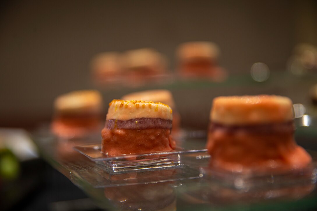 Lemon raspberry entremets are placed on display at a reception before the Friday Evening Parade at Marine Barracks Washington, D.C., April 30, 2021. (U.S. Marine Corps photo by Lance Cpl. Tanner D. Lambert)