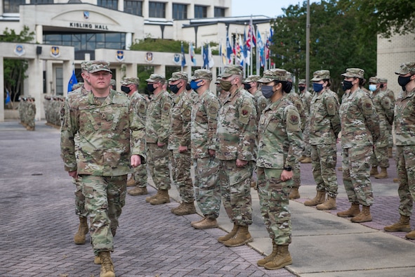 Air Force First Sergeant Academy students perform open ranks April 28, 2021, on Maxwell Air Force Base's Gunter Annex. Class 21-D graduated on April 30, 2021, and was the largest FSA class in school history. (U.S. Air Force photo by Senior Airman Charles Welty)