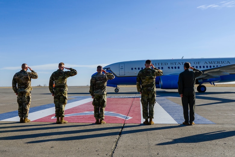 Air Force Chief of Staff Gen. Charles Q. Brown, Jr. and members of a congressional delegation, arrive on April 29, 2021, at Minot Air Force Base, North Dakota. The Congressional Delegation and Brown were greeted by Team Minot leaders, such as the 5th Bomb Wing commander, Col. Michael Walters and the 91st Missile Wing commander, Col. Christopher Menuey. (U.S. Air Force photo by SrA Michael Richmond)