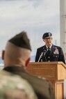 Soldier gives speech from podium