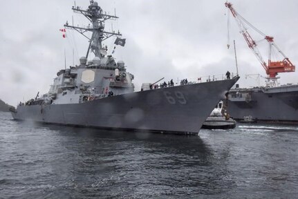 USS Milius (DDG 69) departs from Fleet Activities Yokosuka for sea trials.