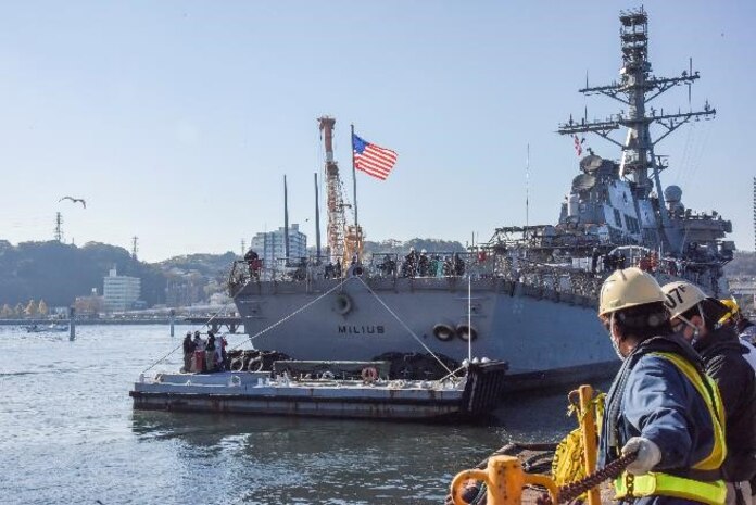 USS Milius (DDG 69) transits into Tokyo Bay to continue further repairs pier side, after Ship Repair Facility and Japan Regional Maintenance Center successfully undocks the ship from the dry dock.