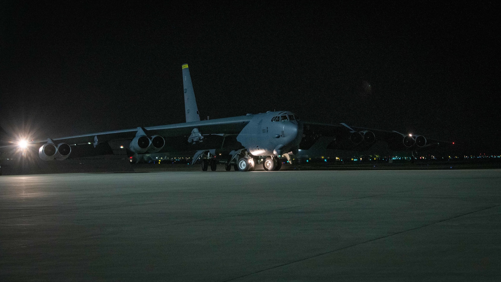 A B-52H Stratofortress aircraft assigned to the 5th Bomb Wing, Minot Air Force Base, North Dakota, arrives May 4, 2021, at Al Udeid Air Base, Qatar.  Two additional bombers arrived May 4, joining the four B-52 aircraft that arrived in late April to protect the orderly and responsible withdrawal of U.S. and coalition forces from Afghanistan.  (U.S. Air Force photo by Staff Sgt. Greg Erwin)
