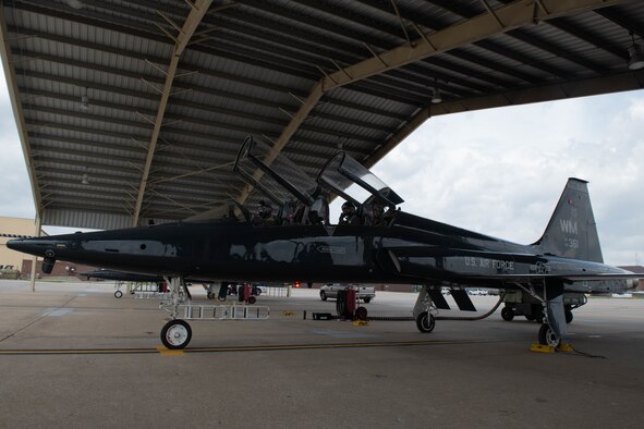 A T-38 Talon prepares for takeoff at Whiteman Air Force Base, Missouri, April 28, 2021. The T-38 is used as a trainer aircraft for the B-2 Spirit. (U.S. Air Force photo by Airman 1st Class Devan Halstead)