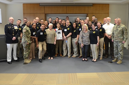 Officer candidates, graduates and cadre of the Virginia Army National Guard Officer Candidate School celebrate its 58th birthday with a ceremony April 19, 2016, at J. Sargeant Reynolds Community College’s Downtown Campus in Richmond, Virginia. Officer candidates in Class 58, who are scheduled to graduate in August 2016, organized the ceremony, which included the family of Capt. Harry Q. Rose, a graduate of Class VIII who was killed in Vietnam in 1969 and remains the only Virginia OCS graduate to have been killed in action. (Photo by Master Sgt. A.J. Coyne, Virginia National Guard Public Affairs)