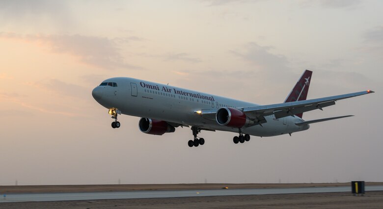 An aircraft carrying members of South Carolina Air National Guard’s 169th “Swamp Fox” Fighter Wing lands at Prince Sultan Air Base, Kingdom of Saudi Arabia, April 12, 2021. The Swamp Fox team has been deployed to PSAB to help bolster the defensive capabilities against potential threats in the region. (U.S. Air Force Photo by Senior Airman Samuel Earick)