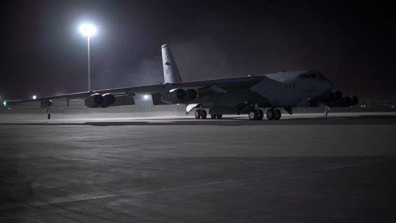 A B-52H Stratofortress aircraft assigned to the 5th Bomb Wing, Minot Air Force Base, North Dakota, arrives May 4, 2021, at Al Udeid Air Base, Qatar.  Two additional bombers arrived May 4, joining the four B-52 aircraft that arrived in late April to protect the orderly and responsible withdrawal of U.S. and coalition forces from Afghanistan.  (U.S. Air Force photo by Staff Sgt. Greg Erwin)