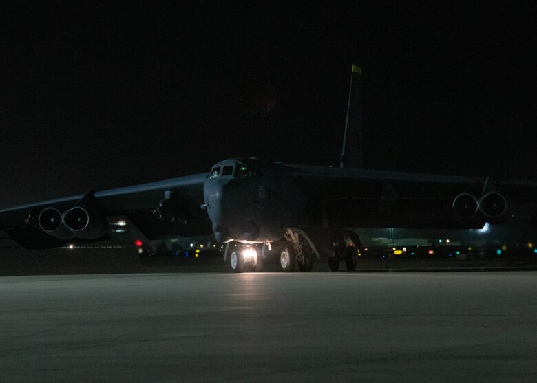 A B-52H Stratofortress aircraft assigned to the 5th Bomb Wing, Minot Air Force Base, North Dakota, arrives May 4, 2021, at Al Udeid Air Base, Qatar.  Two additional bombers arrived May 4, joining the four B-52 aircraft that arrived in late April to protect the orderly and responsible withdrawal of U.S. and coalition forces from Afghanistan.  (U.S. Air Force photo by Staff Sgt. Greg Erwin)