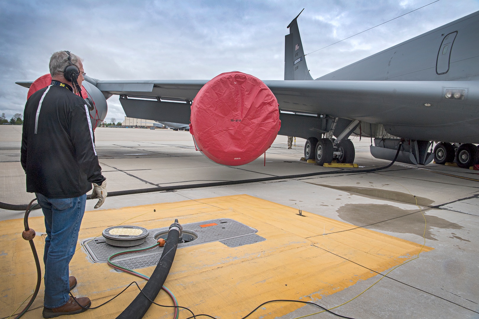 Danny Bowlin, a fuels contractor, pumps fuel from a new $35 million Type III fuel hydrant system, to a KC-135R Stratotanker on May 4, 2021 at Grissom Air Reserve Base. The new system replaces a system installed in the 1950s. (U.S. Air Force photo/Douglas Hays)