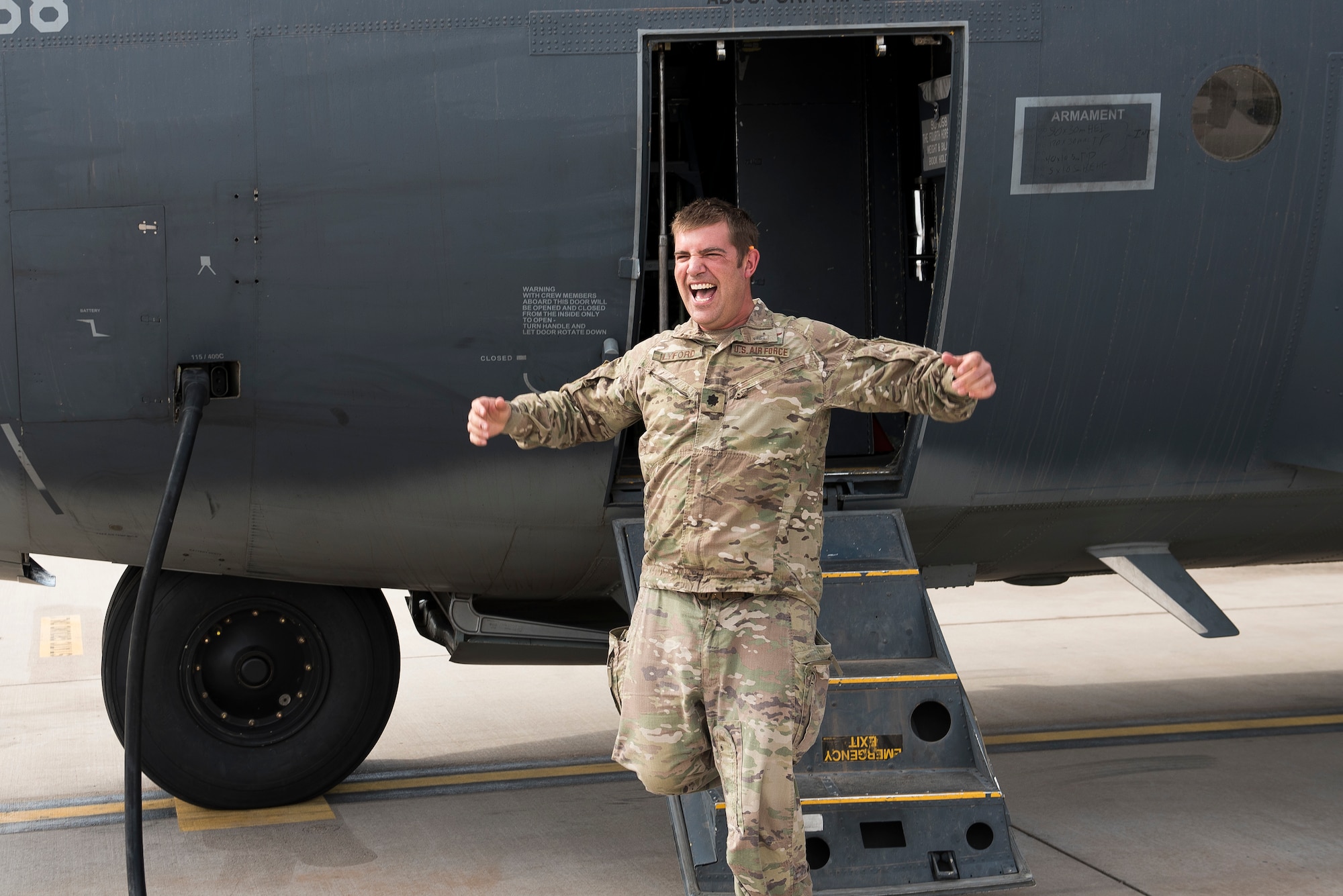 Lt. Col. John Lyford, 551st Special Operations director of operations, comes off an AC-130W aircraft after a fini flight at Cannon Air Force Base, N.M., April 29, 2021. After the 551 SOS stands down, the intent is to move gunship training to Hurlburt Field, Florida, and potentially Kirtland Air Force Base, N.M. (U.S. Air Force photo by Senior Airman Vernon R. Walter III)