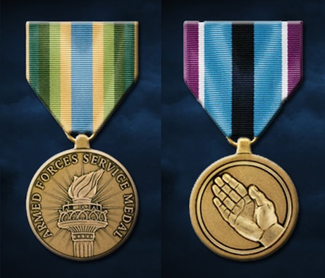 Members of the 403rd Wing were presented with the Armed Forces and Humanitarian Service Medals Sunday May 2, 2021. (U.S. Air Force graphic by Staff Sgt. Kristen Pittman)