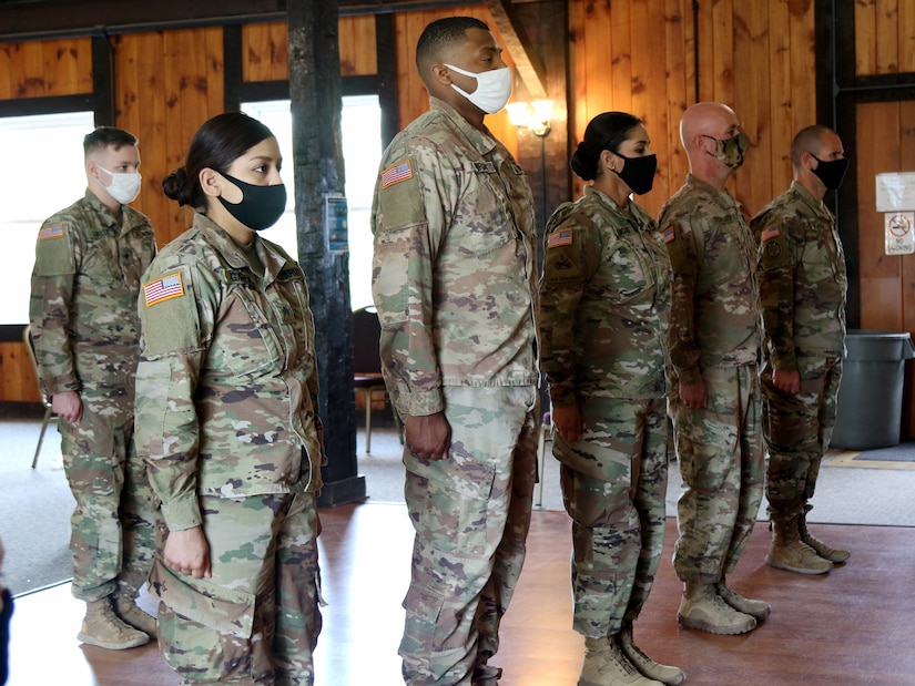 Approximately 30 Soldiers with the 213th Personnel Company, 213th Regional Support Group, Pennsylvania Army National Guard, celebrated their return from deployment to the Middle East in support of Operations Freedom’s Sentinel, Spartan Shield and Inherent Resolve in a ceremony May 2 at Fort Indiantown Gap, Pa. (US Army National Guard Photo by Spc. Vail Forbeck)