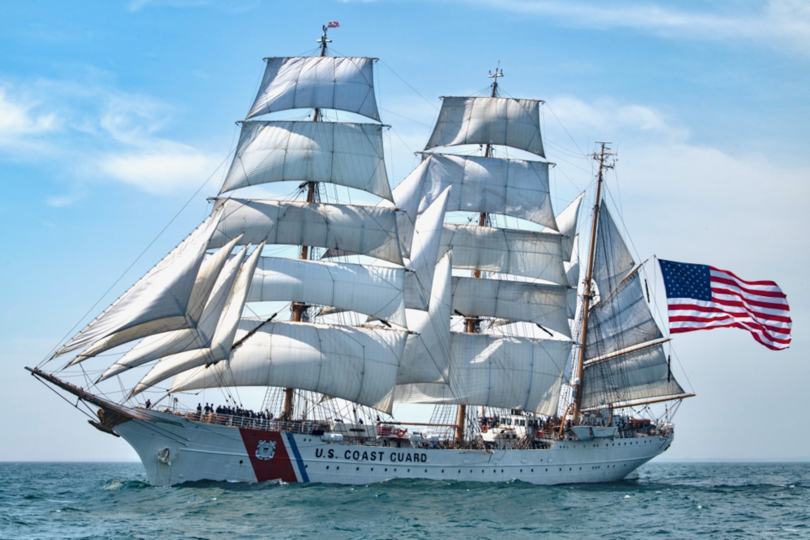 Coast Guard Cutter Eagle sails in Long Island Sound, July 30, 2020. The Eagle has served as a classroom at sea to future Coast Guard officers since 1946, offering an at-sea leadership and professional development experience. (U.S. Coast Guard photo by Petty Officer 3rd Class Matthew Thieme)