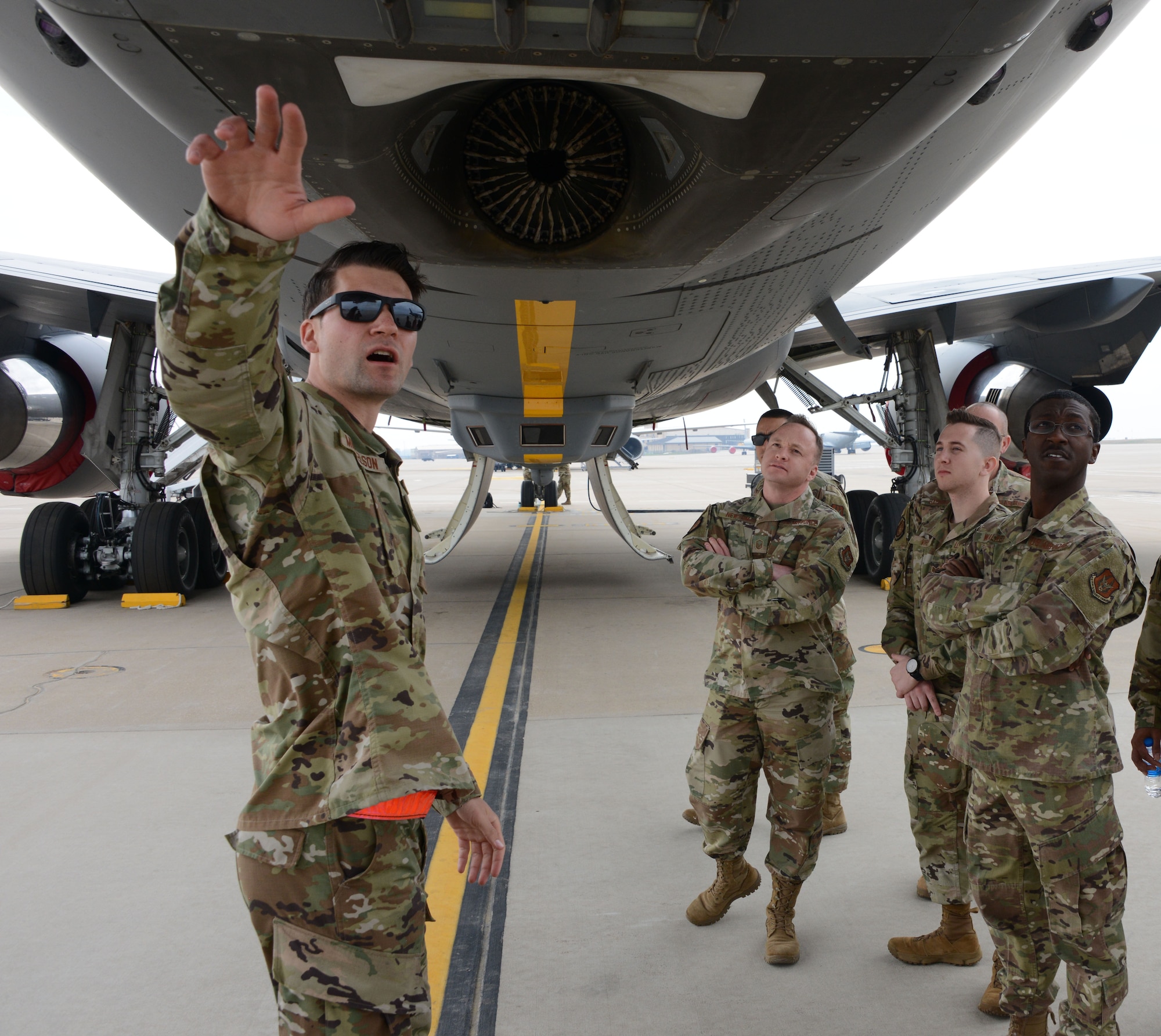 Tech. Sgt. Ian Michaelson, 931st Aircraft Maintenance Squadron, crew chief, gives recruiters from the 352nd Recruiting Squadron a tour of the KC-46 Pegasus during a recruiting event at McConnell Air Force Base, Kansas, Apr. 10, 2021.