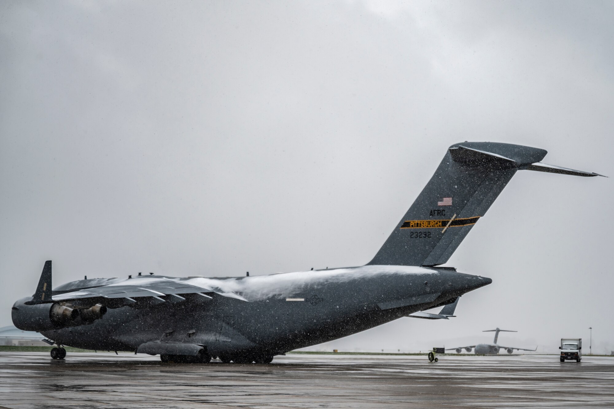 A C-17 Globemaster III assigned to the 911th Airlift Wing sits on the flight line at the Pittsburgh International Airport Air Reserve Station, Pennsylvania, April 1, 2021.