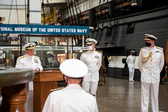 Chief of Naval Operations Adm. Mike Gilday attends full honors ceremony for Royal Navy First Sea Lord and Chief of the Naval Staff Adm. Tony Radakin.