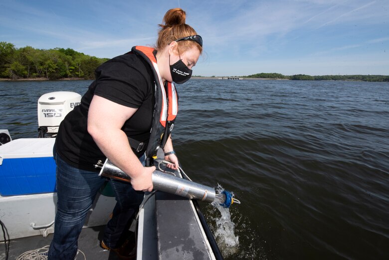 Sarah Pedrick, biologist in the U.S. Army Corps of Engineers Nashville District’s Water Management Section, collects water samples at J. Percy Priest Lake in Nashville, Tennessee April 27, 2021. The survey took place in 97 feet of water above the old river channel. (USACE Photo by Lee Roberts)