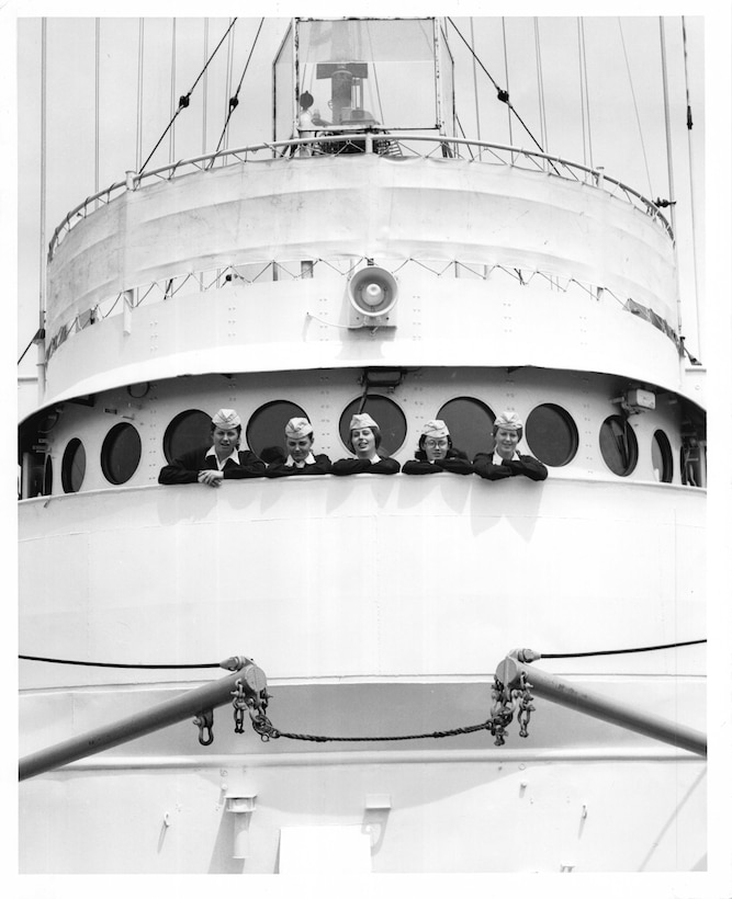 Five women OCS candidates aboard USCGC Unimak, the first women assigned to sea duty, 1973.