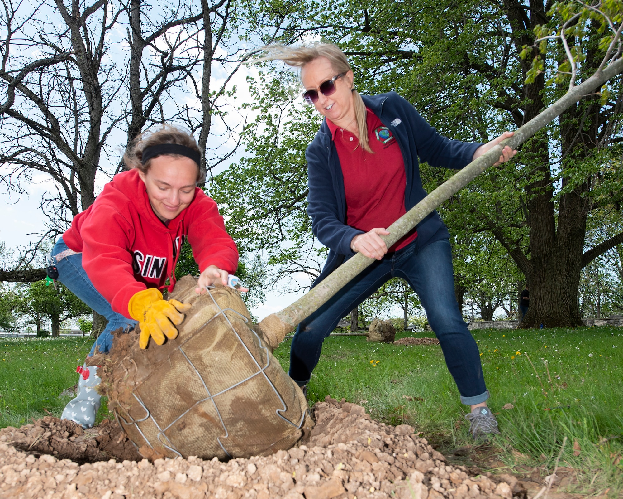 Layla Hatfield and Danielle Trevino, both with the 88th Civil Engineering Group Environmental Branch place a Wright Brothers Sugar Maple in a pre-dug hole at the Wright Brothers Memorial on Wright-Patterson Air Force Base, Ohio, April 30, 2021, as part of the base’s Arbor Day observance. This variety of maple was developed by a local nursery and named for the pioneer airmen. (U.S. Air Force photo by R.J. Oriez)