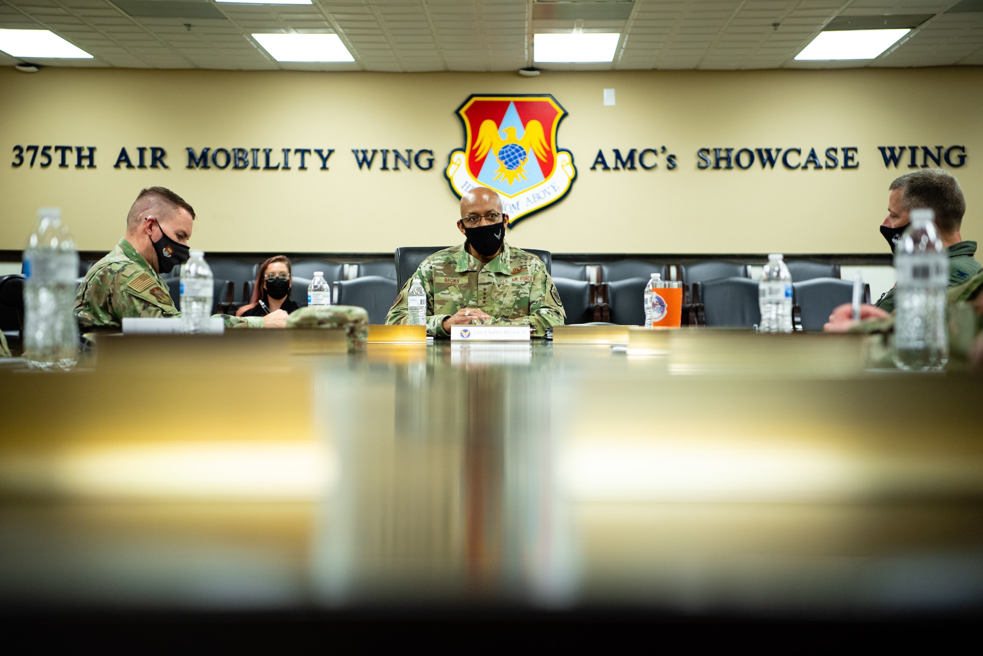 U.S. Air Force Chief of Staff Gen. Charles Q. Brown, Jr., has a meeting with a group of commanders during his visit at Scott Air Force Base, Illinois, April 27, 2021. During the meeting Brown had a discussion with the installation commanders about some of the challenges that they have overcome. (U.S. Air Force photo by Airman 1st Class Isaac Olivera)