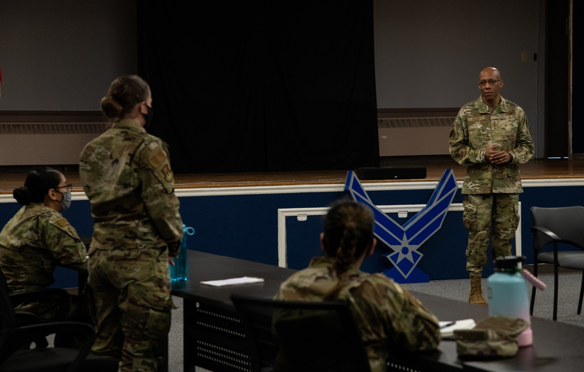 U.S. Air Force Senior Airman Kristin Savage, 375th Air Mobility Wing public affairs specialist, asks Air Force Chief of Staff Gen. Charles Q. Brown, Jr.,a question on Scott Air Force Base, Illinois, April 28, 2021. Brown visited the Airman Leadership School attendees to meet with future leaders and provide guidance. (U.S. Air Force Photo by Airman 1st Class Shannon Moorehead)