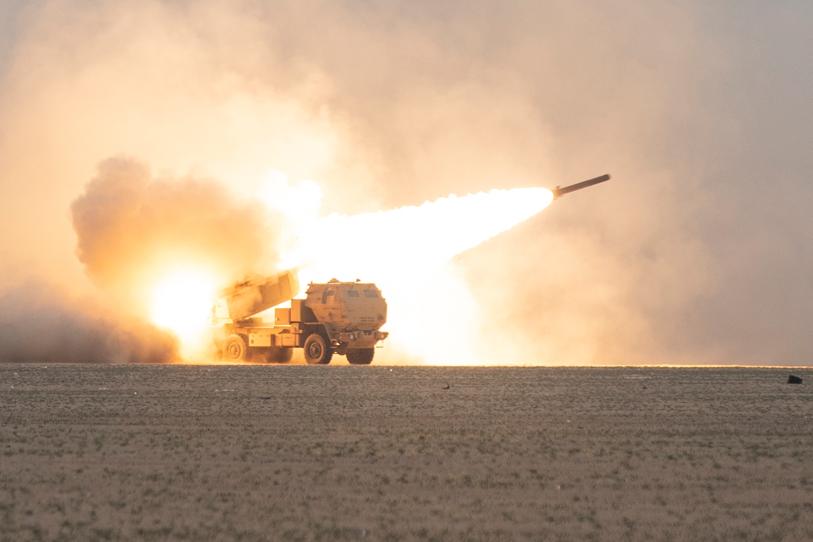 High Mobility Artillery Rocket System Soldiers with 4th Battalion, 133rd Field Artillery Regiment, Texas Army National Guard supported Task Force Spartan, fire a rocket from their guided multiple rocket launch systems during the Dasman Shield exercise, Sunday, Feb. 23, 2020, at Udairi Range in northwestern Kuwait.