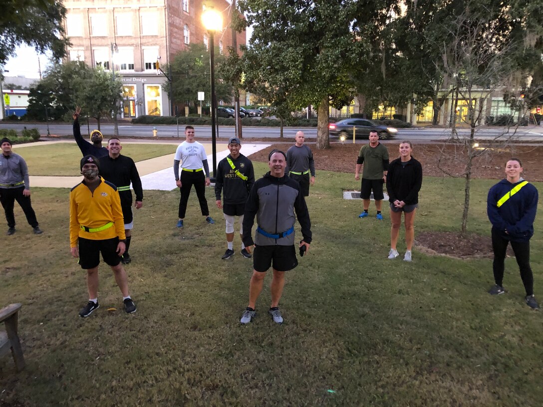 Lt. Col. John Grabowski, deputy commander for cyber transformation (center), hosts physical training for several company grade officers at Fort Gordon. Courtesy photo.